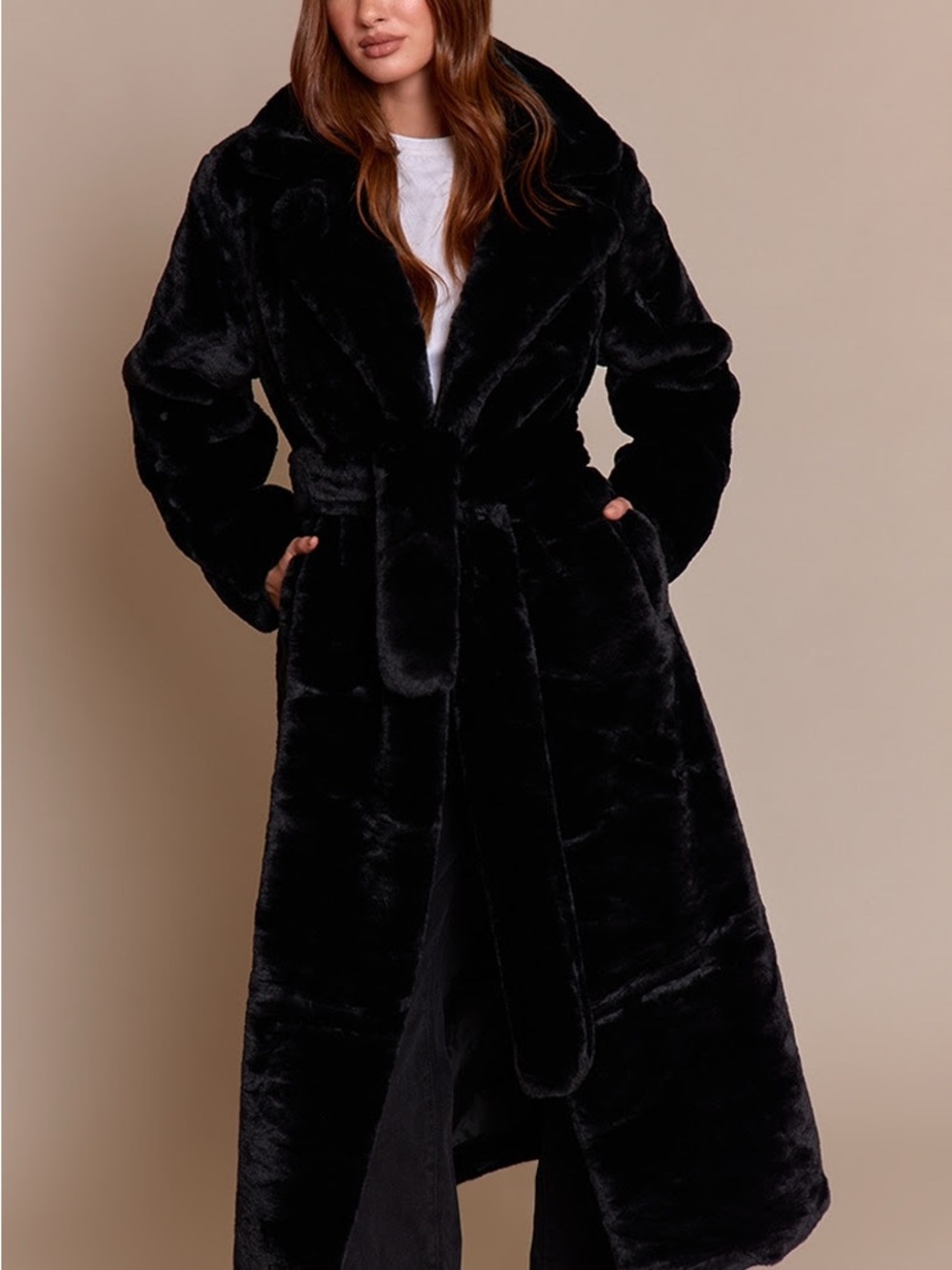 BLACK FAUX FUR TIE WAIST MAXI COAT